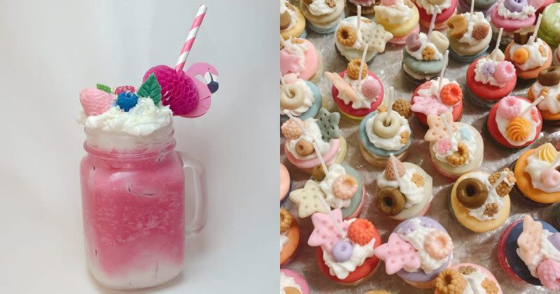 A picture of a candle milkshake, and candle macarons