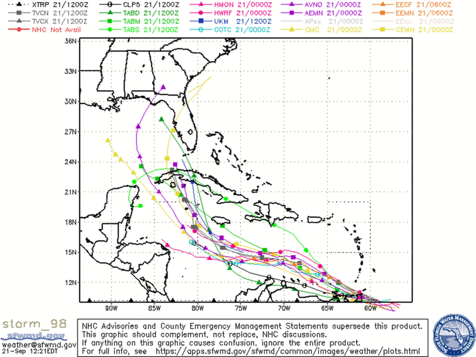 Multiple computer models that project possible storm paths suggest that invest 98 could develop into the next tropical storm of the season and head west into the Caribbean Sea. This array of models, from Wednesday morning, is a one-time prediction and will shift. It is not official guidance from the National Hurricane Center.