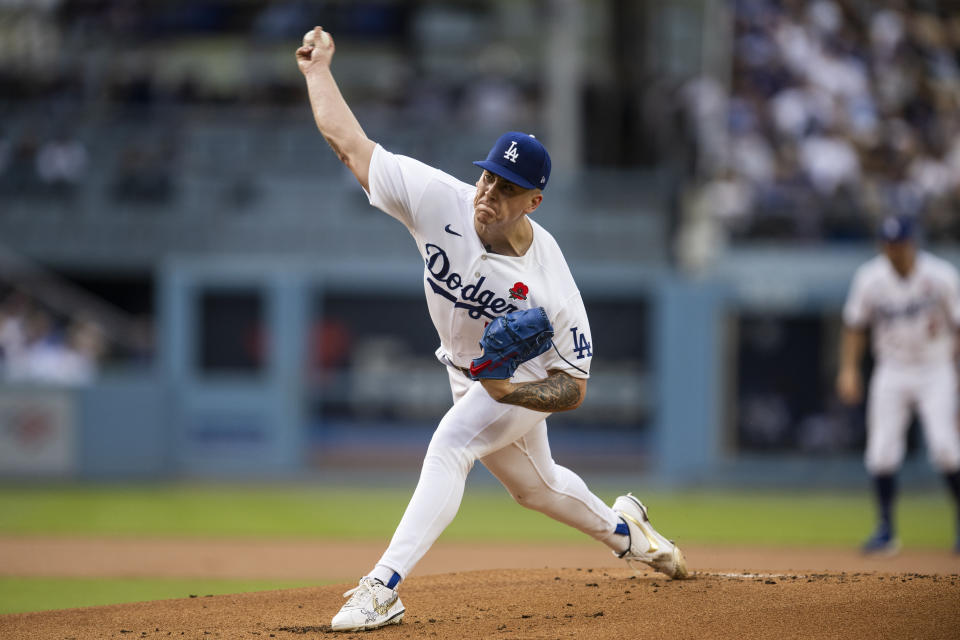 Los Angeles Dodgers starting pitcher Bobby Miller throws a pitch during the first inning of a baseball game against the Washington Nationals in Los Angeles, Monday, May 29, 2023. (AP Photo/Kyusung Gong)