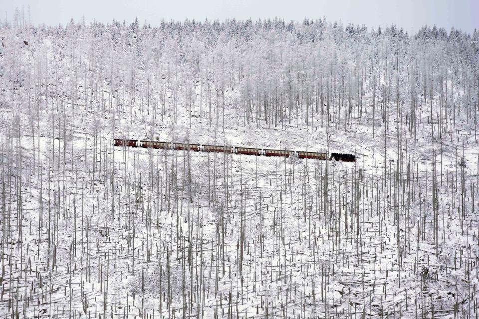 A steam train travels through a snow covered landscape near northern Germany's 1,142-meter (3,743 feet) highest mountain 'Brocken' at the Harz mountains near Schierke, Germany, Wednesday, Jan. 17, 2024. (AP Photo/Matthias Schrader)