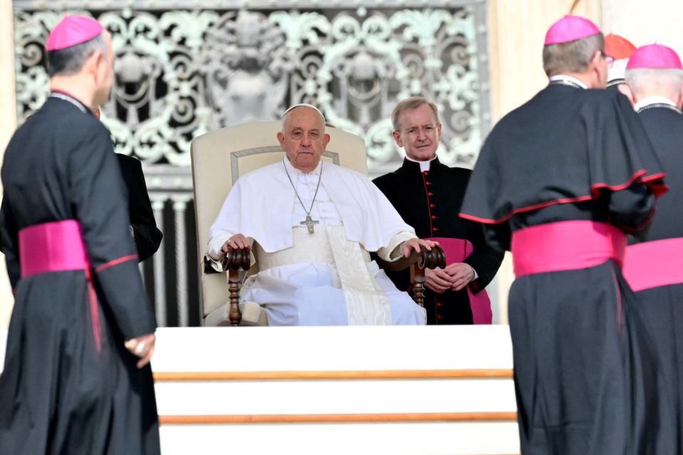Pope Francis looks on May 15 during the weekly general audience at St Peter's square in The Vatican.