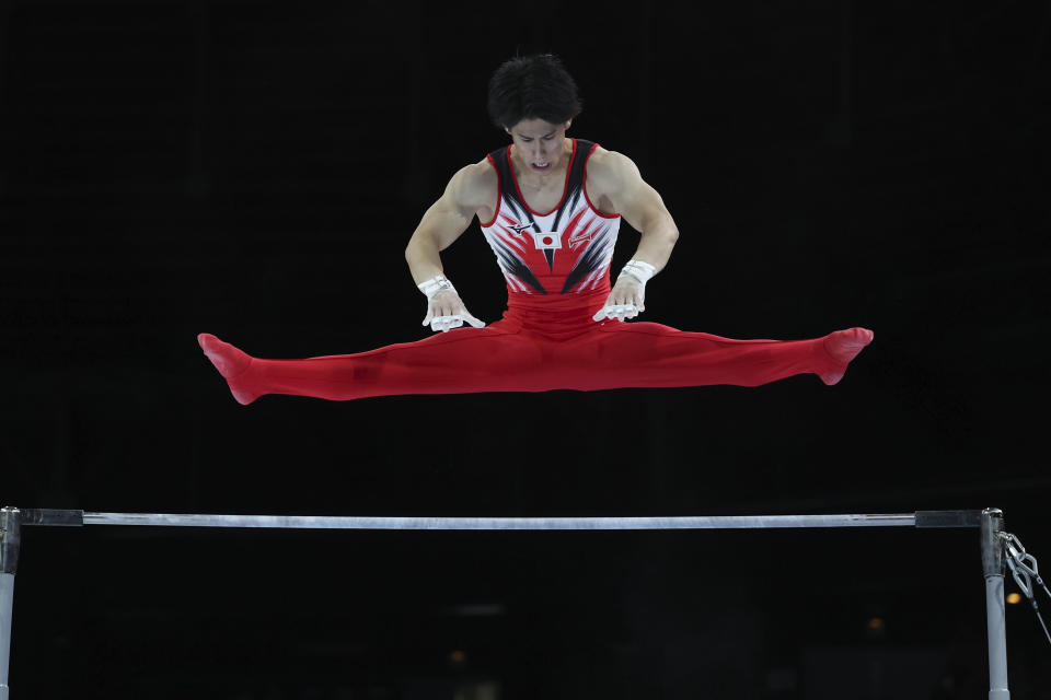 Japan's Daiki Hashimoto competes on the horizontal bar during the apparatus finals at the Artistic Gymnastics World Championships in Antwerp, Belgium, Sunday, Oct. 8, 2023. (AP Photo/Geert vanden Wijngaert)