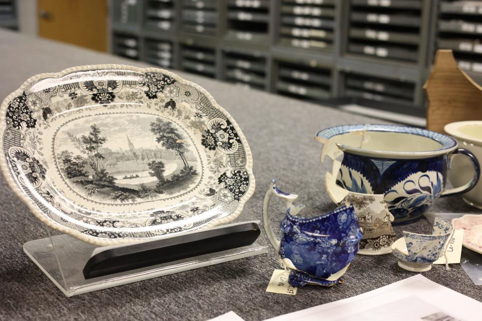 Plates, cups and a commode recovered from the Washington Hall Hotel fire of 1843 and housed at the Florida Department of State, Bureau of Archaeological Research Collections.