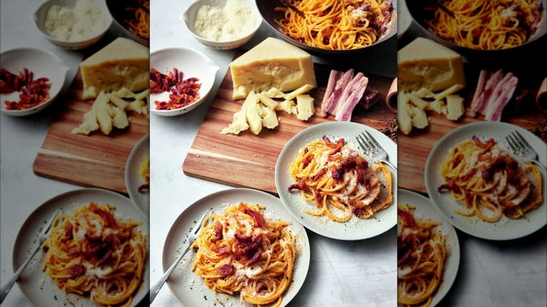spaghetti carbonara and ingredients