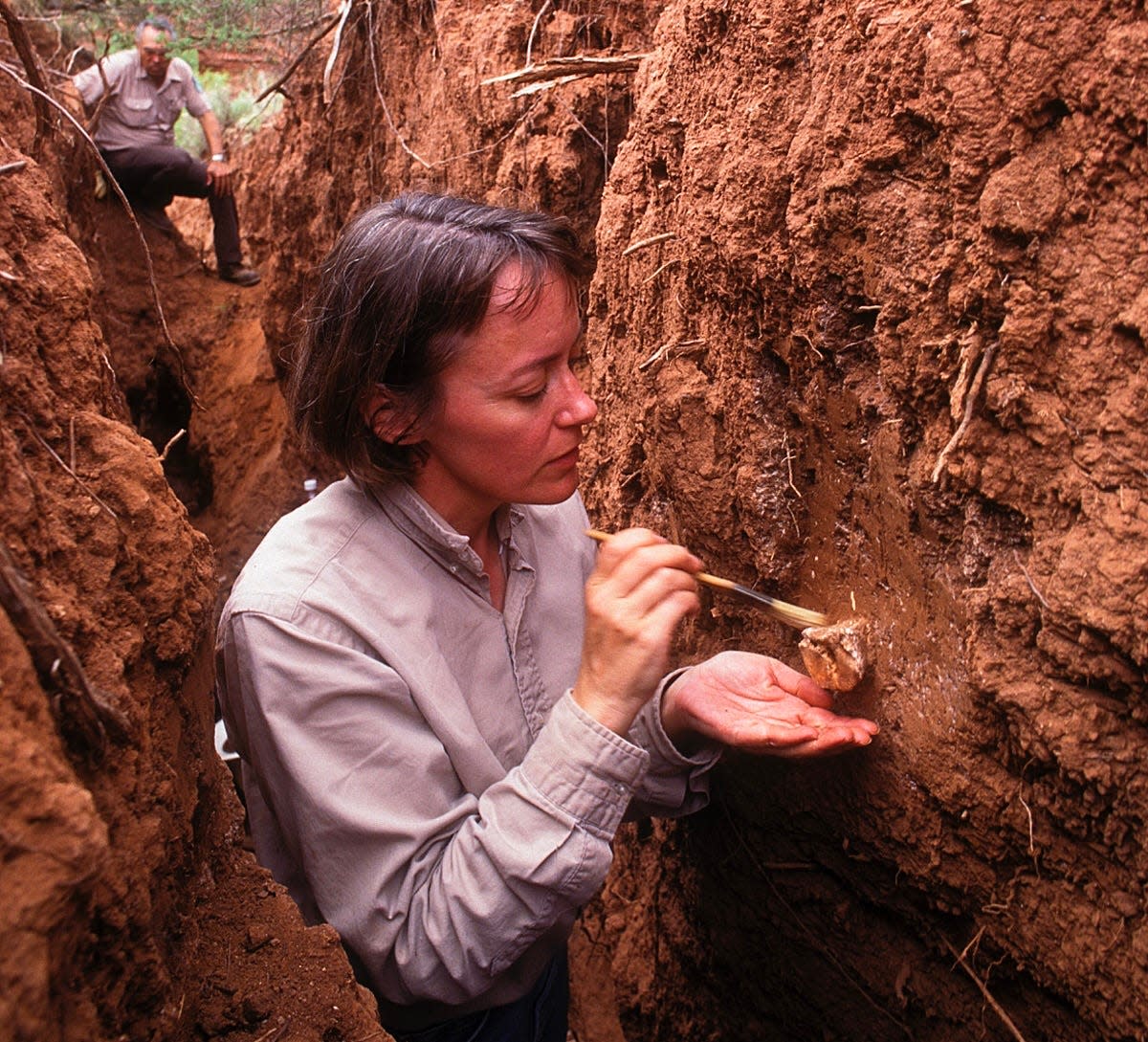 Archaeologist Margaret Howard digging out a bison bone in Caprock Canyons State Park in 1996 before it opened. Howard helped pioneer the concept of surveying parklands for relics and remains before roads and buildings are designed or constructed, thus protecting artifacts but also saving money.
