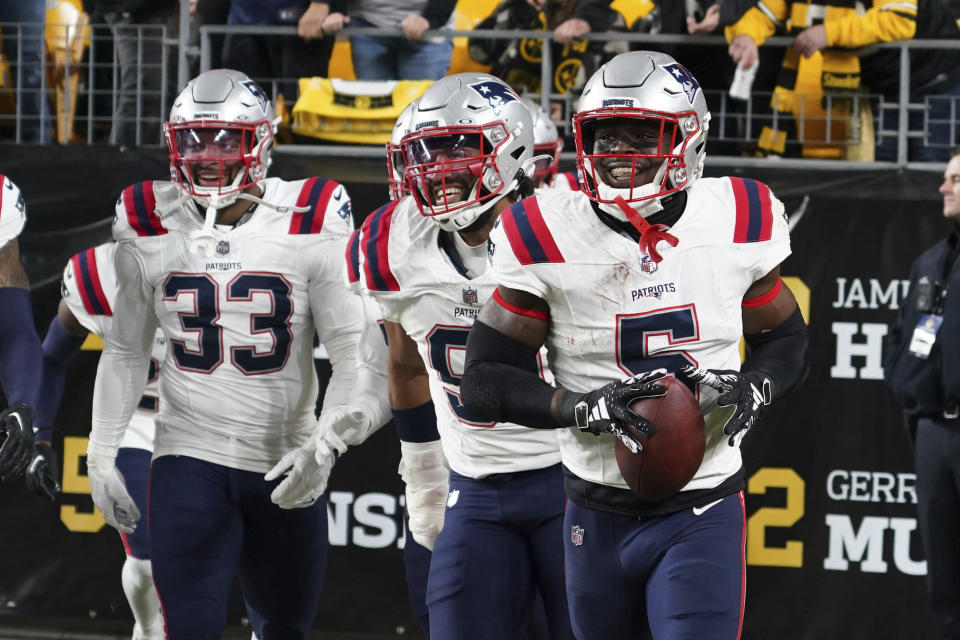 New England Patriots safety Jabrill Peppers (5) smiles after intercepting a pass during the first half of an NFL football game against the Pittsburgh Steelers on Thursday, Dec. 7, 2023, in Pittsburgh. (AP Photo/Matt Freed)