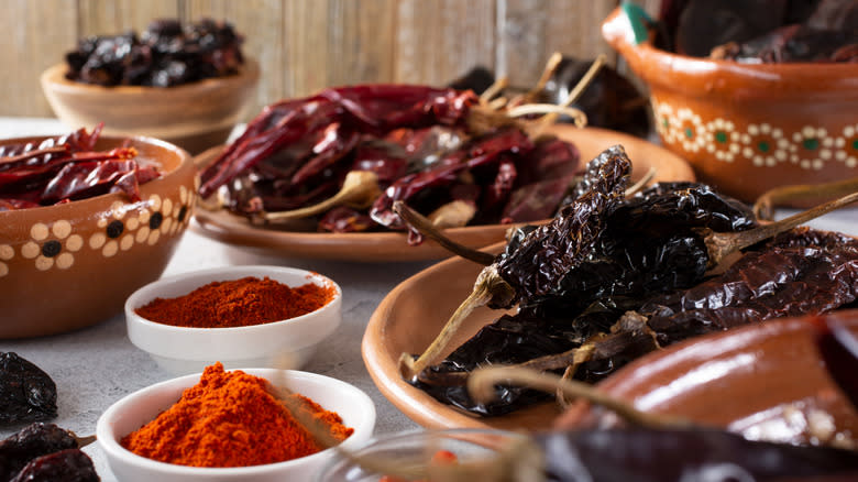 Various dried chiles and powders