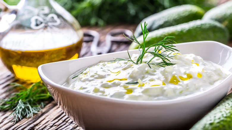 tzatziki sauce in white bowl