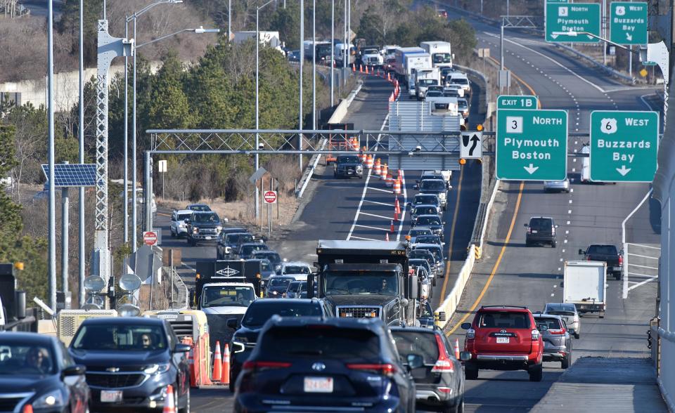 Four lanes of on Cape traffic slowly merge down to one lane at the base of the Sagamore Bridge now reduced to one lane in each direction to facilitate surface repairs to the aging structure. The state is still weighing what roadway changes will be made when a new bridge is built.