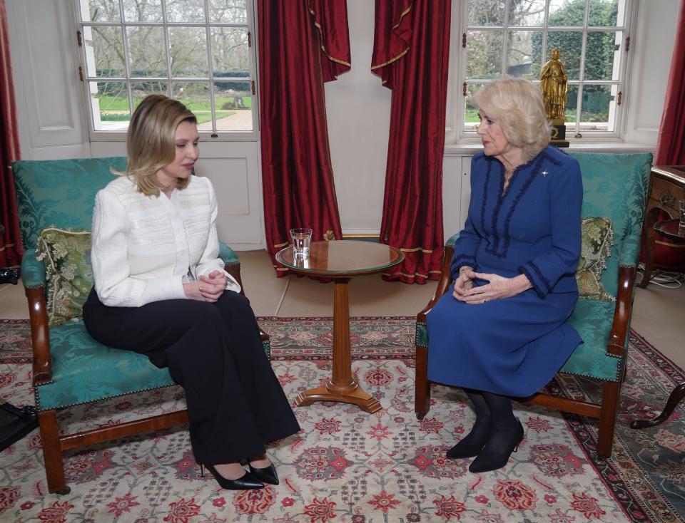 Queen Camilla during a meeting with the First Lady of Ukraine, Olena Zelenska, at Clarence House in London (Yui Mok/PA Wire)