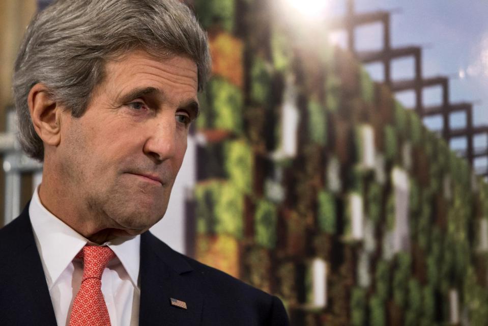 In this March 27, 2014, photo, Secretary of State John Kerry attends a reception for U.S. companies based in Italy that are donors and potential donors for a USA Pavillion at the Milan Expo 2015, in Rome. Halfway home from Saudi Arabia, Kerry has abruptly changed course and will stay in Europe for talks on Ukraine. Flying from Riyadh to Shannon, Ireland, for a refueling stop on Saturday, Kerry decided to turn his plane around and will now travel to Paris for a meeting with Russian Foreign Minister Sergey Lavrov, likely on Monday. (AP Photo/Jacquelyn Martin, Pool)