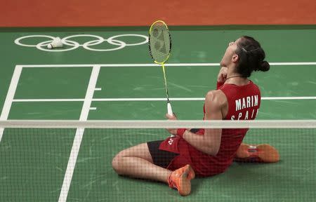 2016 Rio Olympics - Badminton - Women's Singles - Gold Medal Match - Riocentro - Pavilion 4 - Rio de Janeiro, Brazil - 19/08/2016. Carolina Marin (ESP) of Spain celebrates at her match against P.V. Sindhu (IND) of India. REUTERS/Alkis Konstantinidis