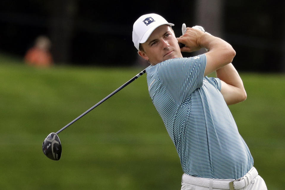 FILE - In this Aug. 16, 2019, file photo, Jordan Spieth watches his tee shot on the 18th hole during the second round of the BMW Championship golf tournament at Medinah Country Club in Medinah, Ill. Spieth returns from the longest break of a calendar year hopeful that a fresh start will end his longest drought. Spieth hasn’t won since the 2017 British Open at Royal Birkdale, a span of 54 tournaments worldwide. “I certainly want to get back in the winner’s circle,” Spieth said. (AP Photo/Nam Y. Huh, File)