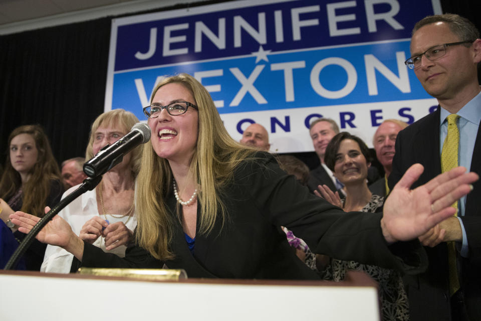 Democrat Jennifer Wexton speaks at her election night party after defeating Rep. Barbara Comstock, R-Va., Tuesday, Nov. 6, 2018, in Dulles, Va. (AP Photo/Alex Brandon)