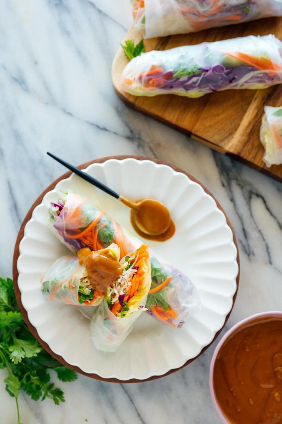 Vietnamese vegetable spring rolls with peanut dipping sauce.