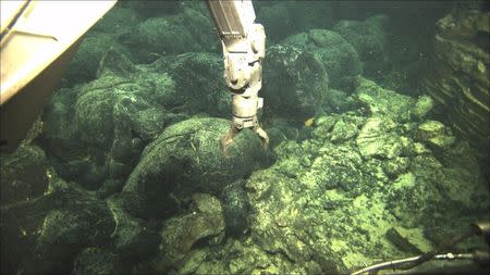 The manipulator arm of the ROV Jason prepares to sample the new lava flow that erupted in April 2011 at an undersea volcano dubbed "Axial Seamount", located off the Oregon coast, in this undated handout photo provided by Oregon State University. REUTERS/Bill Chadwick, Oregon State University/Handout via Reuters