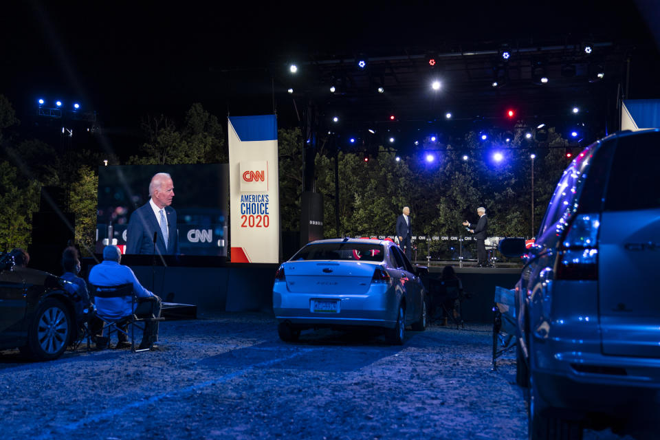 Democratic presidential candidate former Vice President Joe Biden participates in a CNN drive-in town hall moderated by Anderson Cooper in Moosic, Pa., Thursday, Sept. 17, 2020. (AP Photo/Carolyn Kaster)