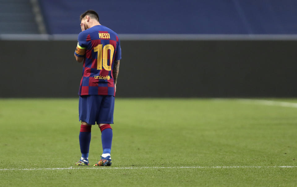 Barcelona's Argentinian forward Lionel Messi reacts after Bayern Munich's second goal during the UEFA Champions League quarter-final football match between Barcelona and Bayern Munich at the Luz stadium in Lisbon on August 14, 2020. (Photo by Manu Fernandez / POOL / AFP) (Photo by MANU FERNANDEZ/POOL/AFP via Getty Images)