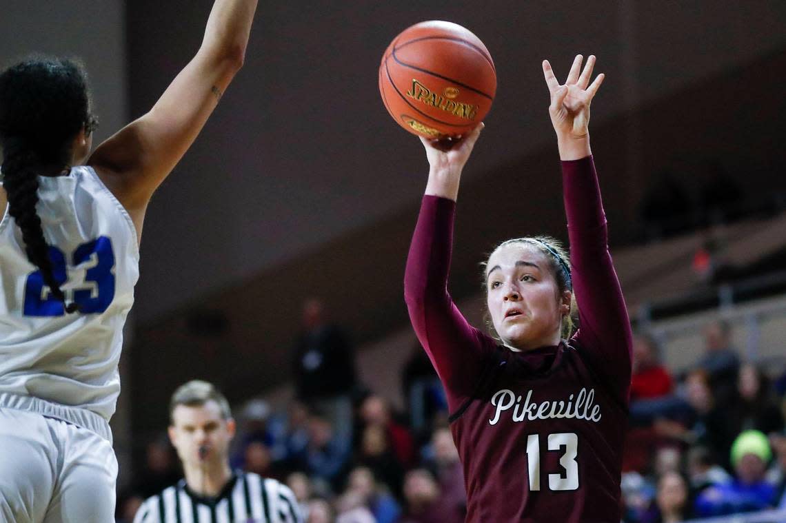 Pikeville’s Kyera Thornsbury (13) shoots the ball against Danville during the All “A” Classic girls tournament quarterfinals game at EKU McBrayer Arena in Richmond, Ky., Friday, January 27, 2023.