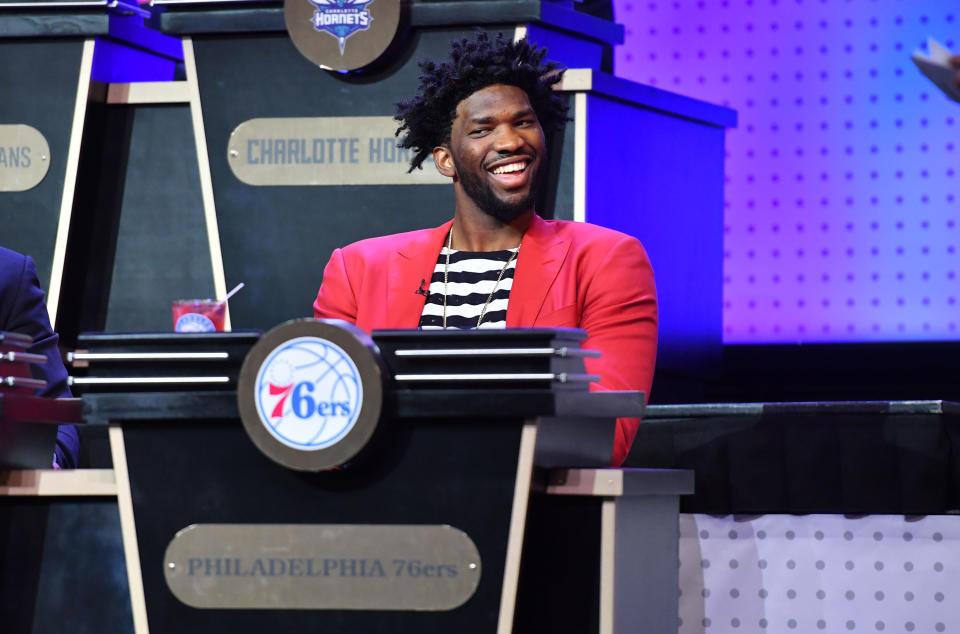 Joel Embiid, seen here showing us what irrepressible joy looks like. (Getty)