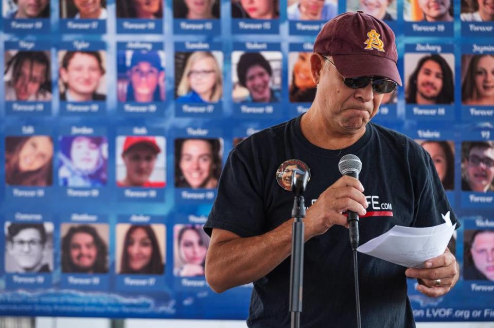 Andy Burris gives a speech during a rally against fentanyl on Saturday, Sept. 16, 2023, in Leavenworth, Ks. Burris lost his son Cruz Burris in Jan. 2023 from a fentanyl overdose.