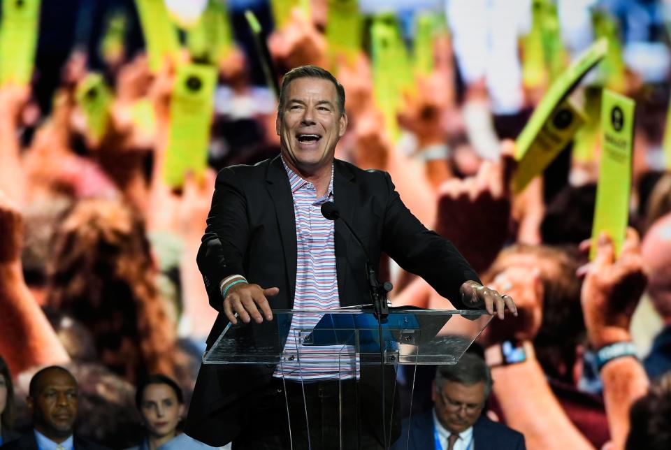 Bruce Frank speaks on behalf of the Sexual Abuse Task Force during the Southern Baptist Convention in Anaheim, California on June 14, 2022. (Photo by John McCoy) 