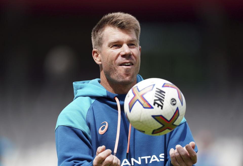 Australia's David Warner during a nets session at Emirates Old Trafford, Manchester, England, Monday, July 17, 2023. (Mike Egerton/PA via AP)