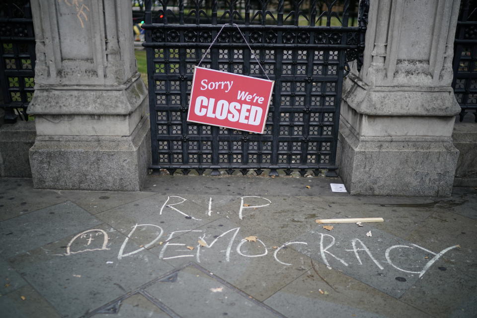 LONDON, ENGLAND - AUGUST 31: An anti-Brexit sign is displayed on a gate after a protest in Westminster on August 31, 2019 in London, England. Left-wing group Momentum and the People's Assembly are coordinating a series of "Stop The Coup" protests across the UK aimed at Boris Johnson and the UK government proroguing Parliament. (Photo by Chris Furlong/Getty Images)
