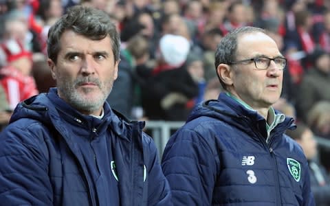 Republic of Ireland manager Martin O'Neill (right) with assistant Roy Keane during the FIFA World Cup qualifying play-off first leg match at the Parken Stadium, Copenhagen - Credit: PA