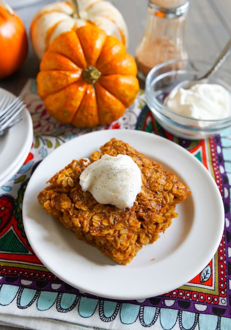 <p>Baked oatmeal is easy (and delicious!) to make for a big family. Try it with pumpkin purée in the fall, or fresh fruit in the summer!</p><p><em><a href="https://www.thepioneerwoman.com/food-cooking/recipes/a99403/baked-pumpkin-oatmeal/" rel="nofollow noopener" target="_blank" data-ylk="slk:Get the recipe from The Pioneer Woman »;elm:context_link;itc:0;sec:content-canvas" class="link ">Get the recipe from The Pioneer Woman »</a></em></p>