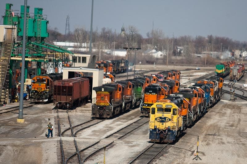 Diesel locomotives sit lined up at the BNSF hump yards in Galesburg, in this Register-Mail file photo. If unions and rail carriers don't reach an agreement by midnight Thursday, workers threaten to strike.