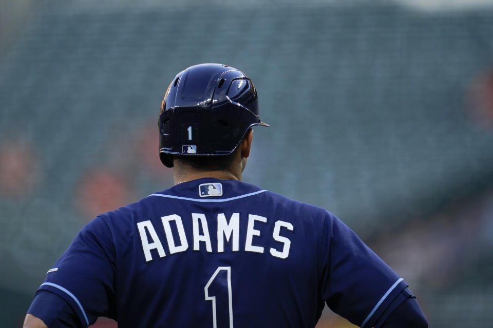 Tampa Bay Rays' Willy Adames leads off from third base against the Baltimore Orioles during the second inning of a baseball game, Tuesday, May 18, 2021, in Baltimore. (AP Photo/Julio Cortez)