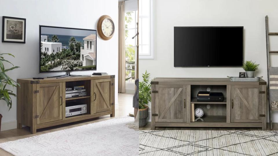 Hidden storage is a must with this TV stand.