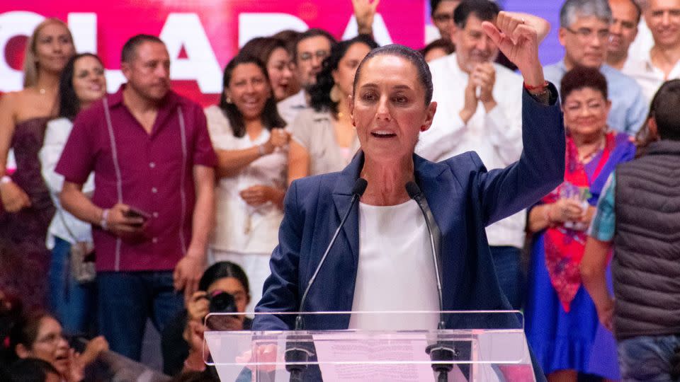 President-elect Claudia Sheinbaum Pardo of the "Sigamos Hazando Historia" coalition speaks in the Arena México earlier this year. - ObturadorMX/Getty Images South America/Getty Images