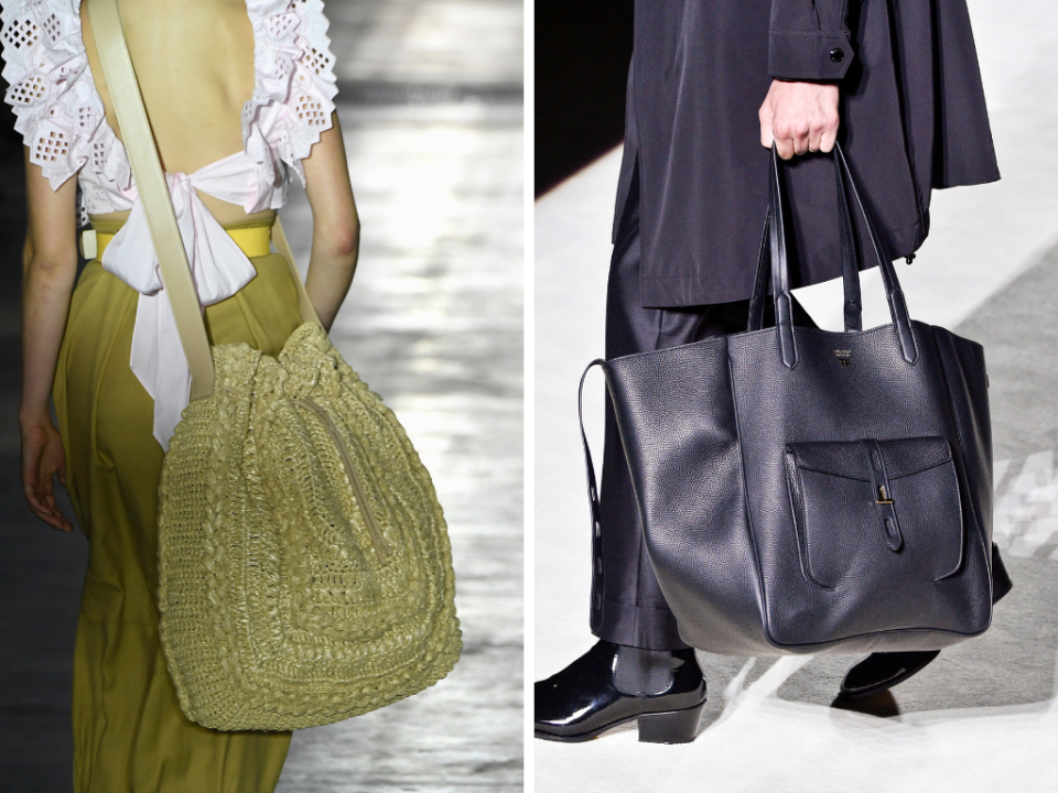 Large totes at Alberta Ferretti (left) and Tom Ford (right). (Getty)