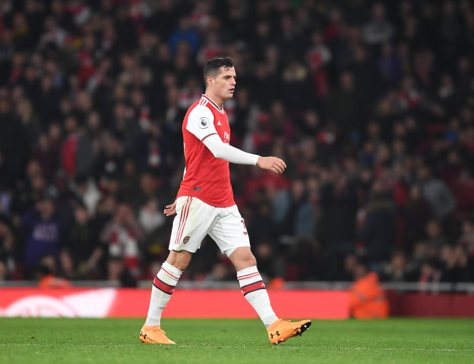 LONDON, ENGLAND - OCTOBER 27: Arsenal captain Granit Xhaka walks off the pitch after his substitution the Premier League match between Arsenal FC and Crystal Palace at Emirates Stadium on October 27, 2019 in London, United Kingdom. (Photo by Stuart MacFarlane/Arsenal FC via Getty Images)