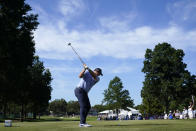 Sepp Straka, of Austria, hits on the 18th tee during the third round of the St. Jude Championship golf tournament, Saturday, Aug. 13, 2022, in Memphis, Tenn. (AP Photo/Mark Humphrey