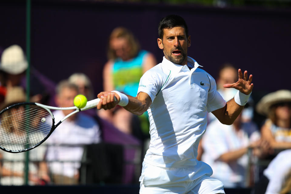 Seen here, Novak Djokovic playing a forehand in his match against Felix Auger-Aliassime at The Hurlingham Club in London.