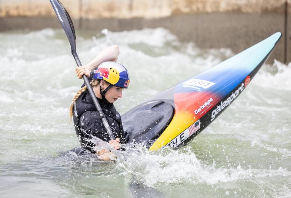 Evy Leibfarth kayaks at the U.S. National Whitewater Center in Charlotte, N.C., on Tuesday, April 2, 2024.