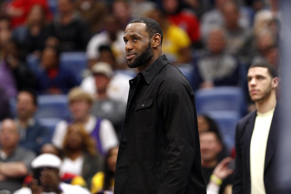 Los Angeles Lakers forward LeBron James (23) during the second half of an NBA basketball game in New Orleans, Sunday, March 31, 2019. The Lakers won 130-102. (AP Photo/Tyler Kaufman)