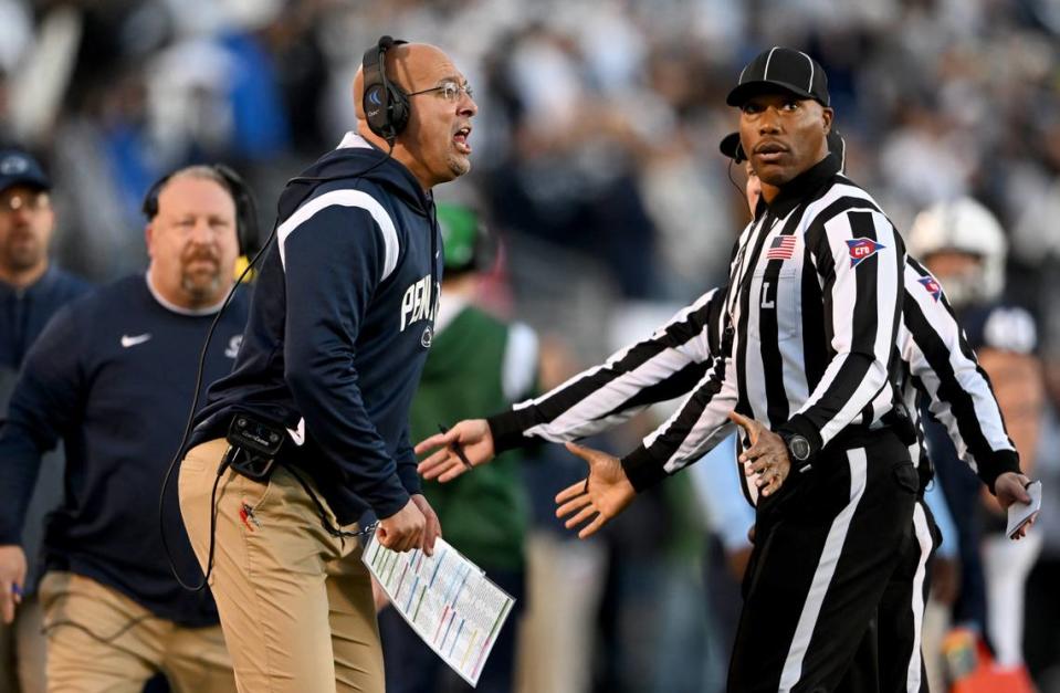 Penn State football coach James Franklin yells the referees after a Michigan State defender leaped over Penn State players on a field goal attempt during the game on Saturday, Nov. 26, 2022.