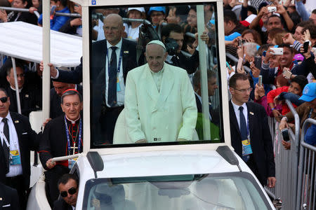 Pope Francis arrives for a holy mass at Simon Bolivar park in Bogota, Colombia September 7, 2017. REUTERS/Henry Romero