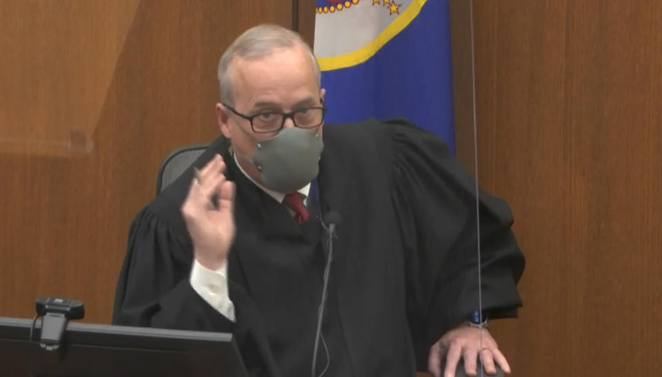 In this image from video, Hennepin County Judge Peter Cahill presides over court Firday, April 9, 2021, in the trial of former Minneapolis police Officer Derek Chauvin at the Hennepin County Courthouse in Minneapolis, Minn. Chauvin is charged in the May 25, 2020 death of George Floyd. (Court TV via AP, Pool)