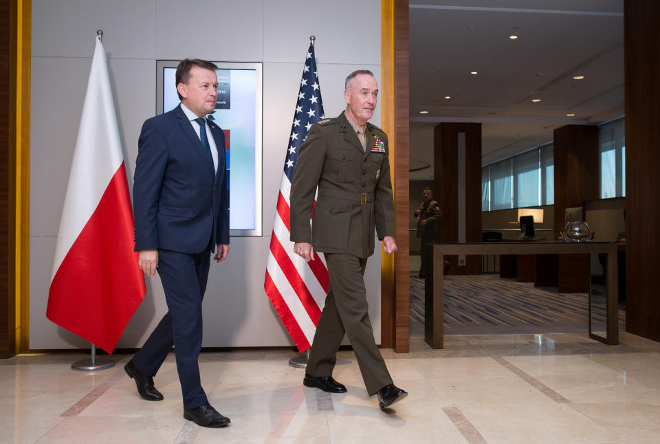 Chairman of the Joint Chiefs of Staff Joseph Dunford, right, and Poland’s Defense Minister Mariusz Blaszczak at the NATO Military Committee Conference in Warsaw, Poland, on Sept. 29, 2018. (Photo: Mateusz Wlodarczyk/NurPhoto via Getty Images)