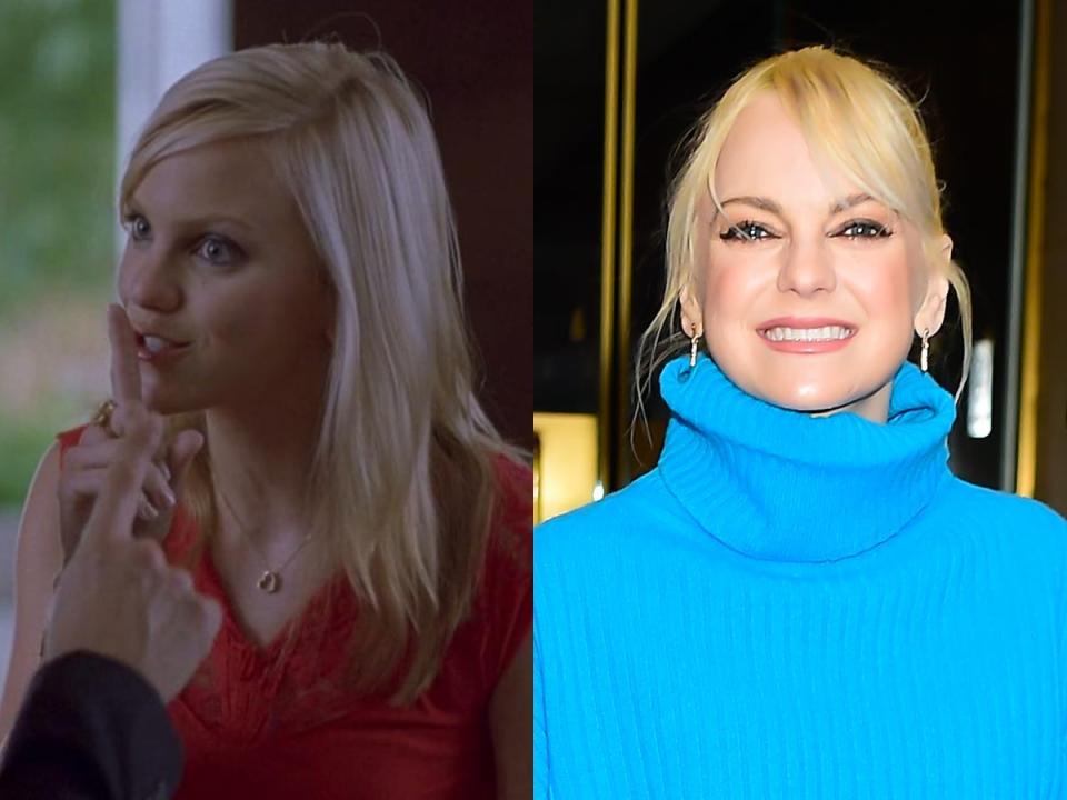 A side-by-side image of Anna Faris in "Lost in Translation," and Faris in 2023.