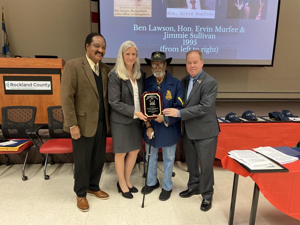 Buffalo Solider Rockland 2024.jpg
Buffalo Soldier Award recipient Grady Anderson Jr. for 2024 stands between Legislator Toney Earl, left, Rockland Veterans Services Coordinator Susan Branam, and County Executive Ed Day on Feb. 14, 2024, at the Rockland Fire Training Center in Pomona. Anderson received a lifetime achievement award
(Credit: Rockland Veterans Services Agency)