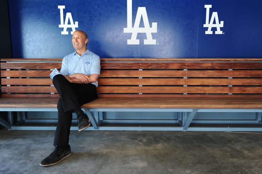 LOS ANGEL;ES, CALIFORNIA APRIL 7, 2021-Dodgers president Stan Kasten sits in a photo booth.