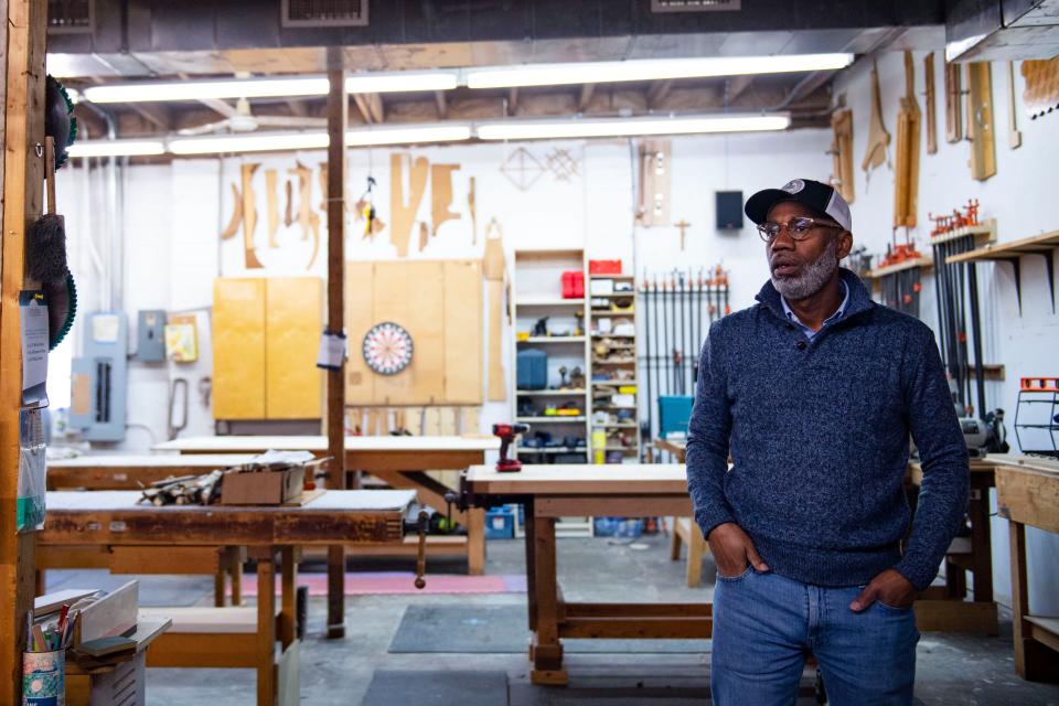 Jerry Blassingame, founder and CEO of Soteria Community Development Corporation, oversees work in the program wood shop on Wednesday, Dec. 13, 2023.
