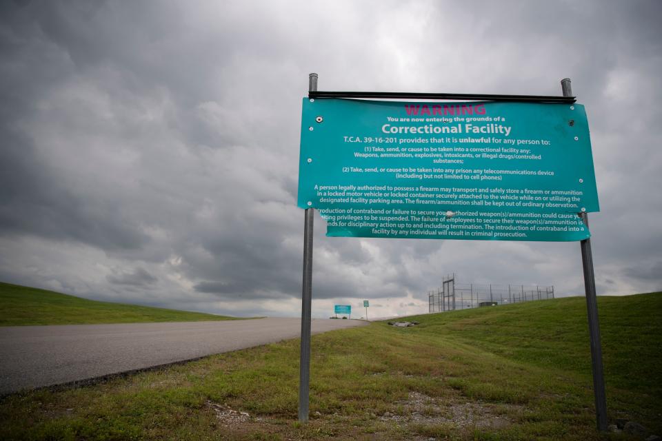 A warning sign in front of Trousdale Turner Correctional Center in Trousdale County, Tenn., Friday, May 10, 2024.