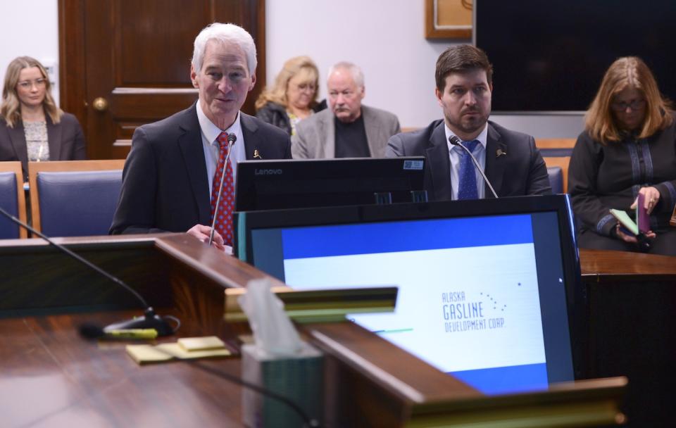 Frank Richards, president of the Alaska Gasline Development Corp., speaks to the House Resources Committee on Monday, Feb. 26, 2024. (Photo by James Brooks/Alaska Beacon)